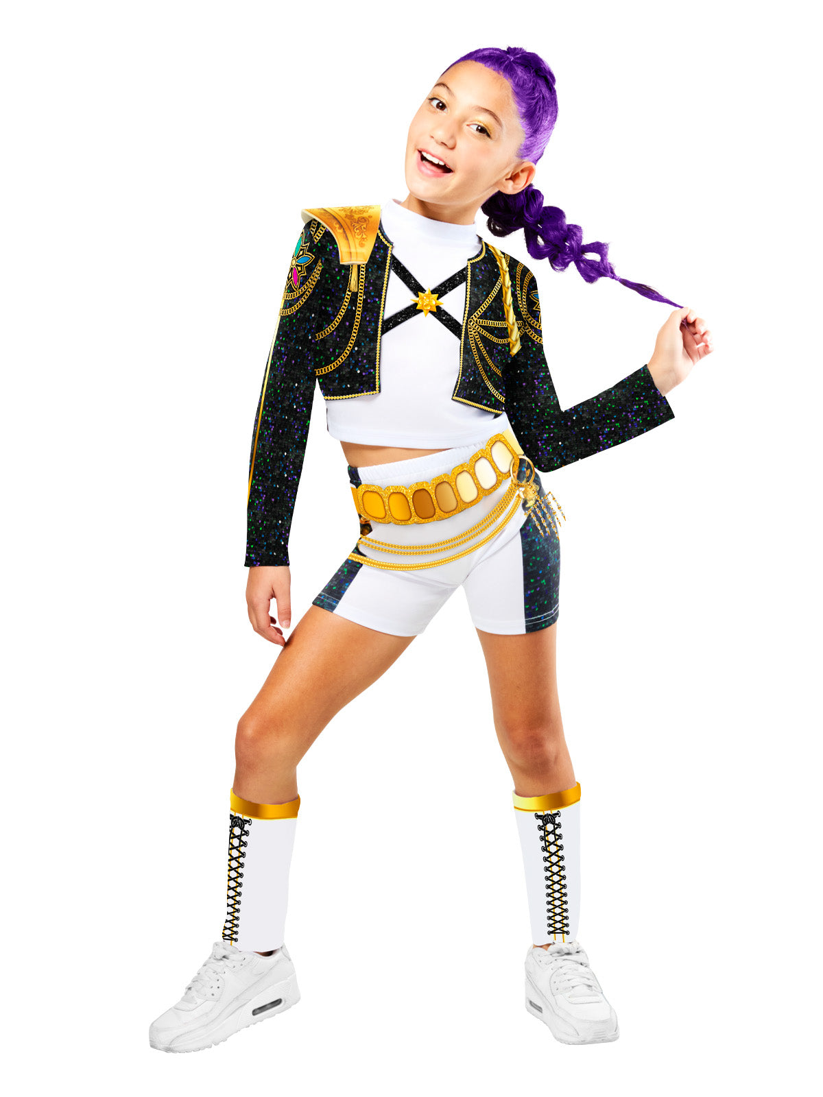 Girl posing in the Rumi Gold Hybrid costume with gold shoulder pieces and a belt at the waist