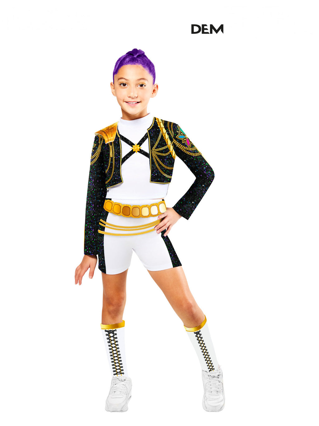 Girl in the Rumi Gold Hybrid costume with a black gold-trimmed jacket, white shorts and leg sleeves