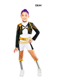 Girl in the Rumi Gold Hybrid costume with a black gold-trimmed jacket, white shorts and leg sleeves