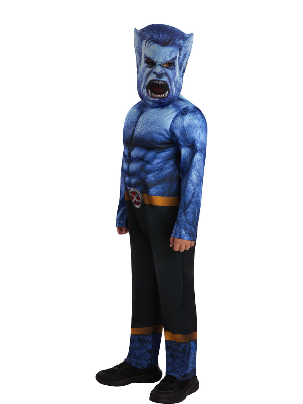 Boy posing in the Beast costume with printed blue muscles and Beast mask