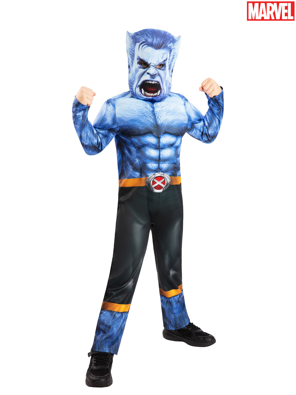 Boy wearing a Beast jumpsuit with printed blue fur, muscle chest, printed belt and Beast face mask