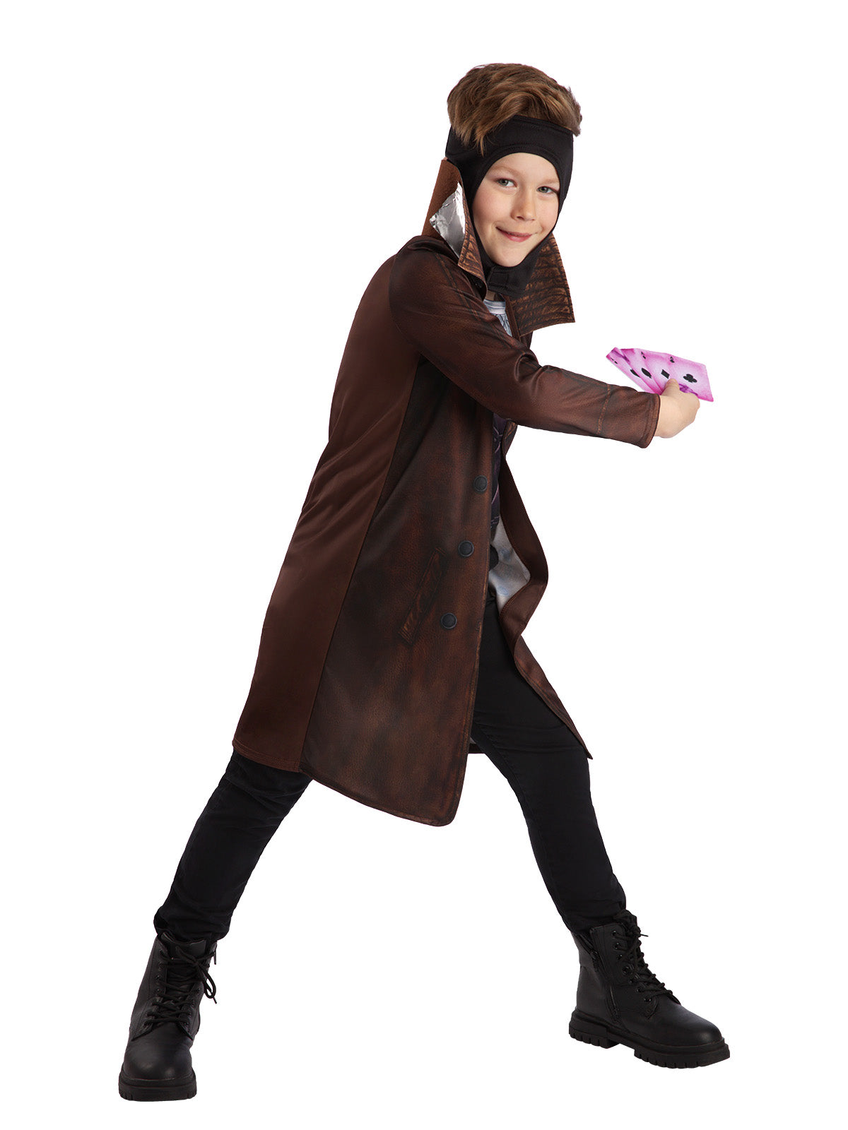 Boy throwing felt playing cards in the Gambit long-coat costume