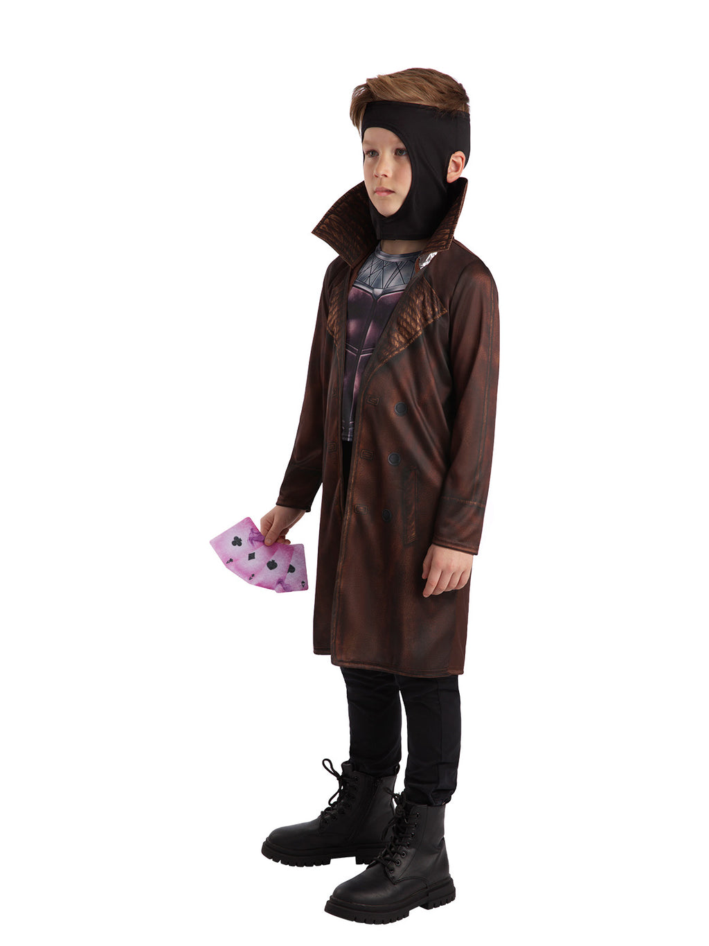 Boy wearing the Gambit Deluxe costume with printed top and attached coat