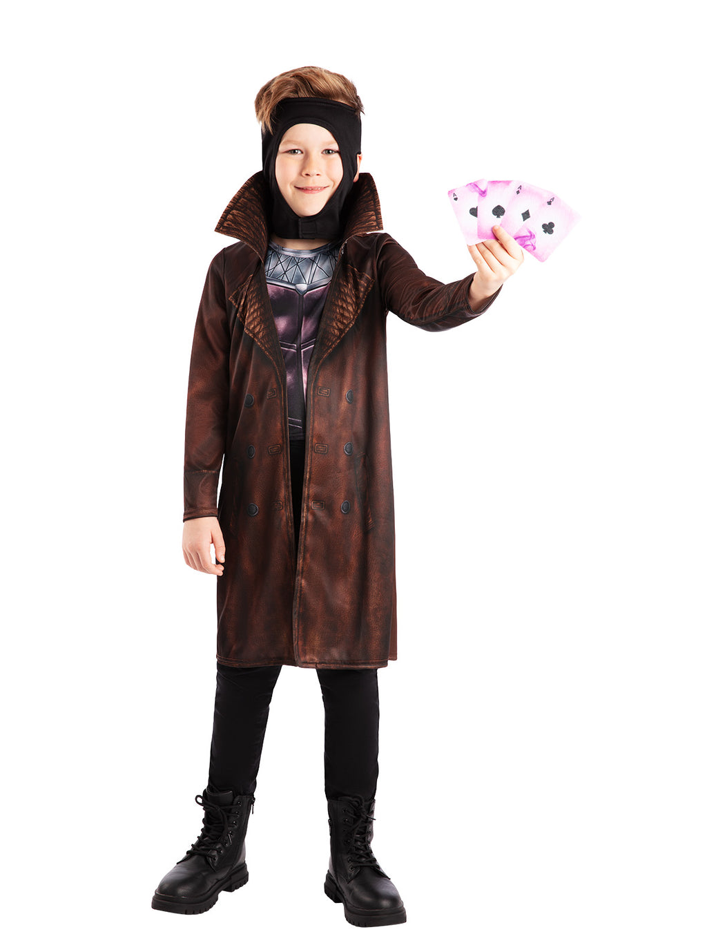 Boy holding a fan of felt playing cards, wearing the Gambit coat and headpiece