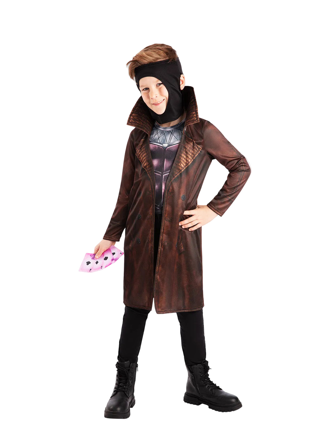 Boy in a Gambit deluxe costume with long brown coat, black headpiece and felt playing cards (pants and boots not included)