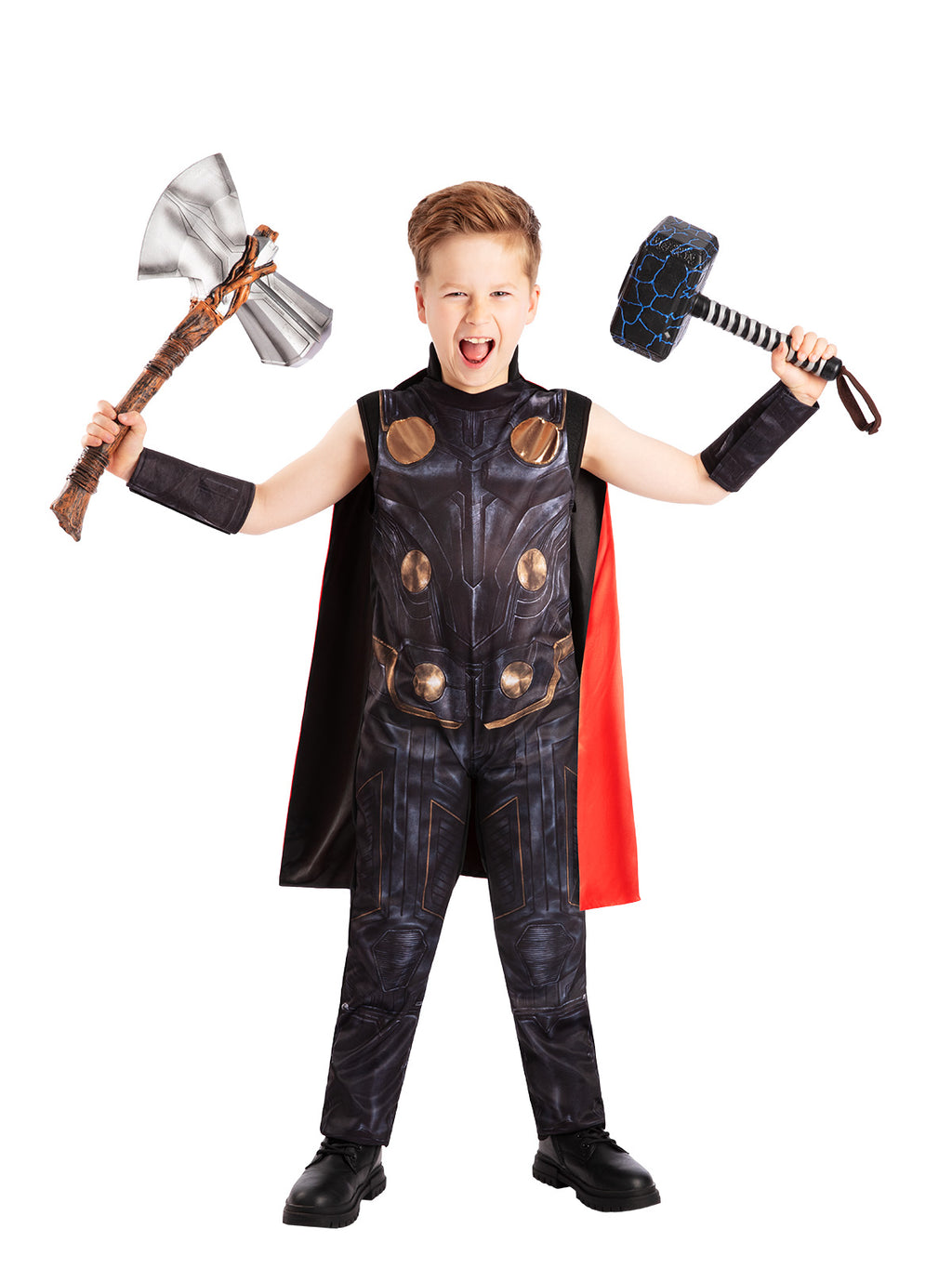 Boy in the Thor costume holding two toy hammers up beside his head, with the red cape behind