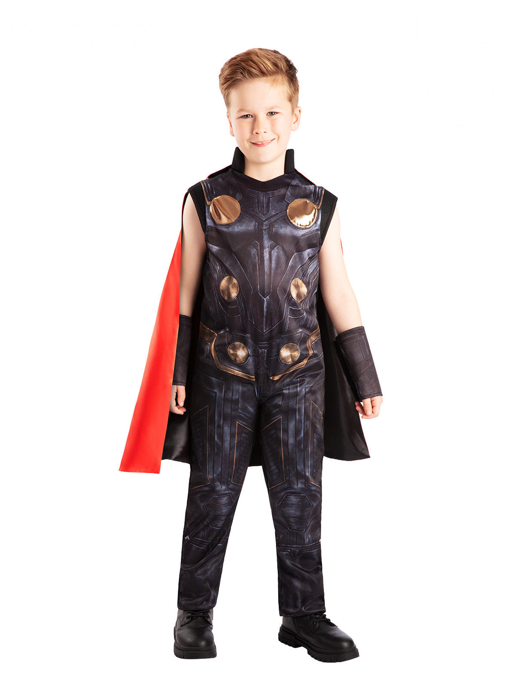 Boy in the Thor jumpsuit with a printed armour torso, gauntlets and long red cape
