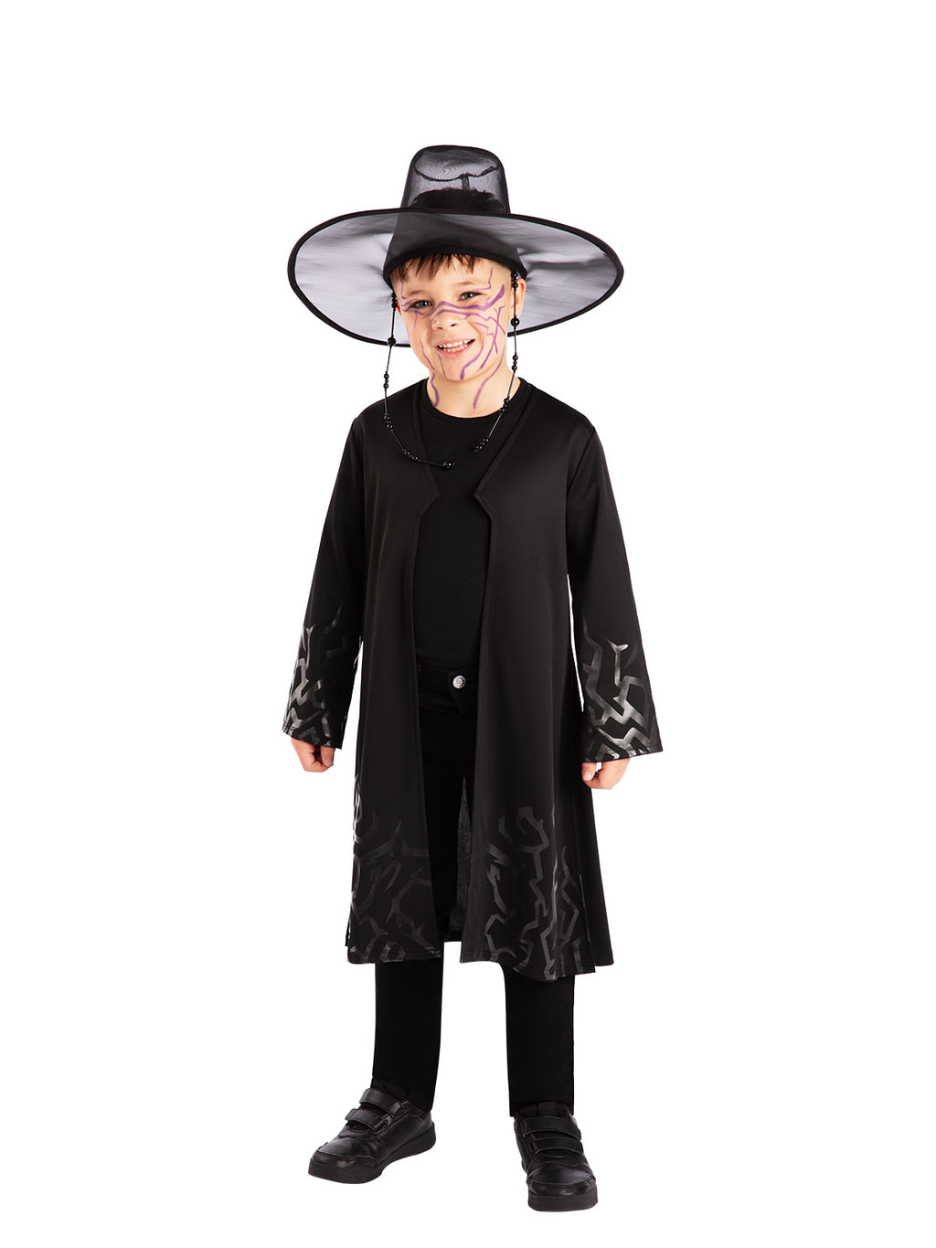 Child in the Jinu Demon costume wearing a long black robe and beaded wide-brim hat, front view