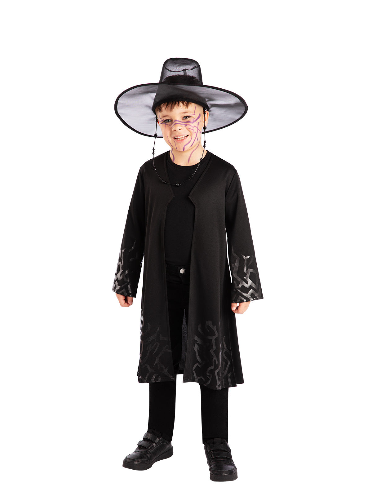 Child in the Jinu Demon costume wearing a long black robe and beaded wide-brim hat, front view