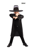 Boy in the K-Pop Demon Hunters Jinu Demon costume with a long black robe and wide-brimmed black hat