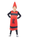 Child in the red crayon tabard costume with black highlights and pointed red headpiece