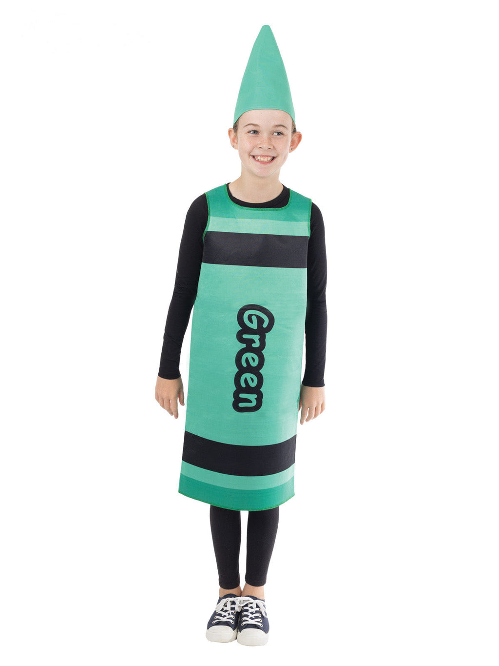 Child wearing a green crayon tabard with black stripes and printed label, plus pointed green crayon headpiece