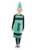 Child wearing a green crayon tabard with black stripes and printed label, plus pointed green crayon headpiece