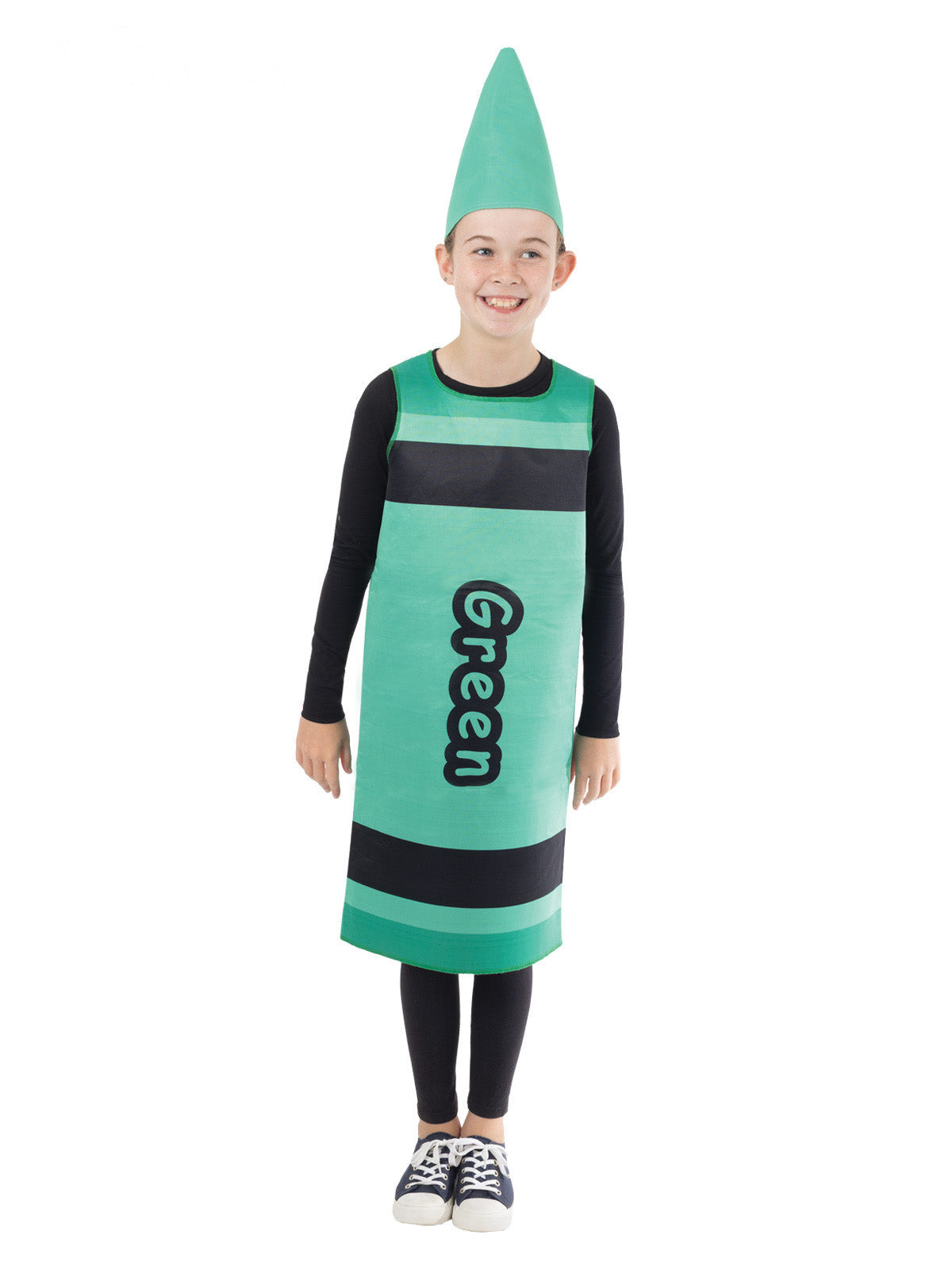 Child wearing a green crayon tabard with black stripes and printed label, plus pointed green crayon headpiece