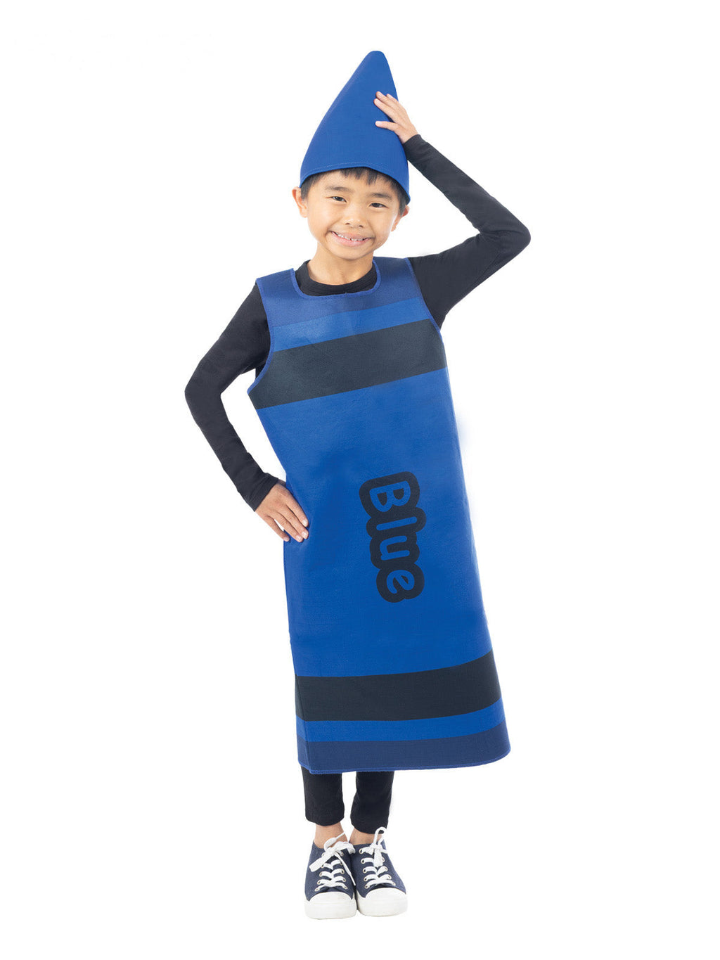 Child wearing a blue crayon tabard with black stripes and printed label, plus pointed blue crayon headpiece