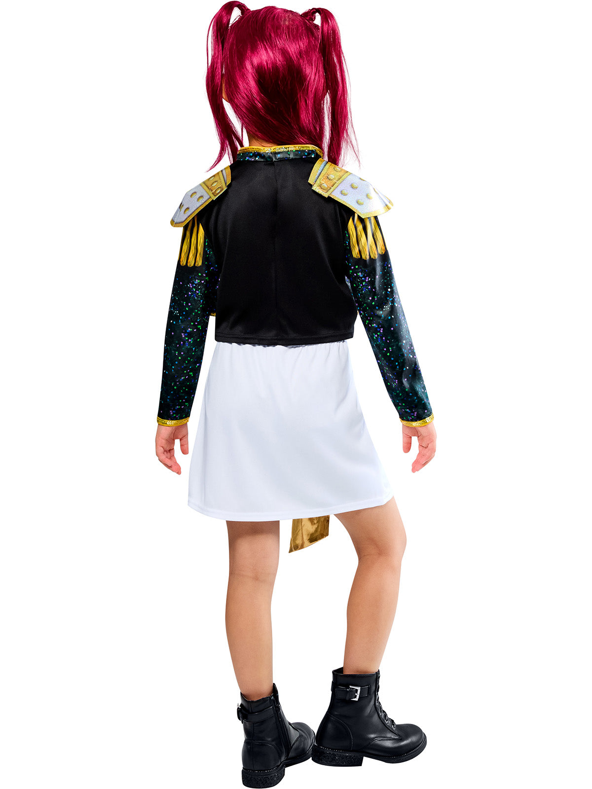 Back view of the Mira Golden Deluxe costume with a black bolero jacket and white skirt
