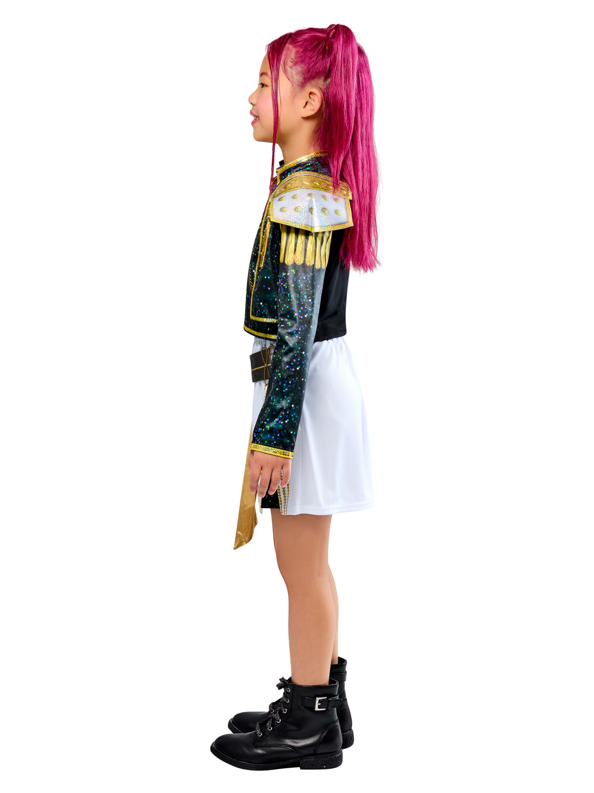 Side view of the Mira Golden Deluxe costume with shoulder pieces and a golden sash
