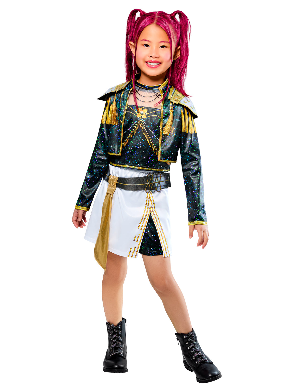 Girl in the Mira Golden Deluxe costume with a long-sleeved top, bolero jacket and pleated white skirt