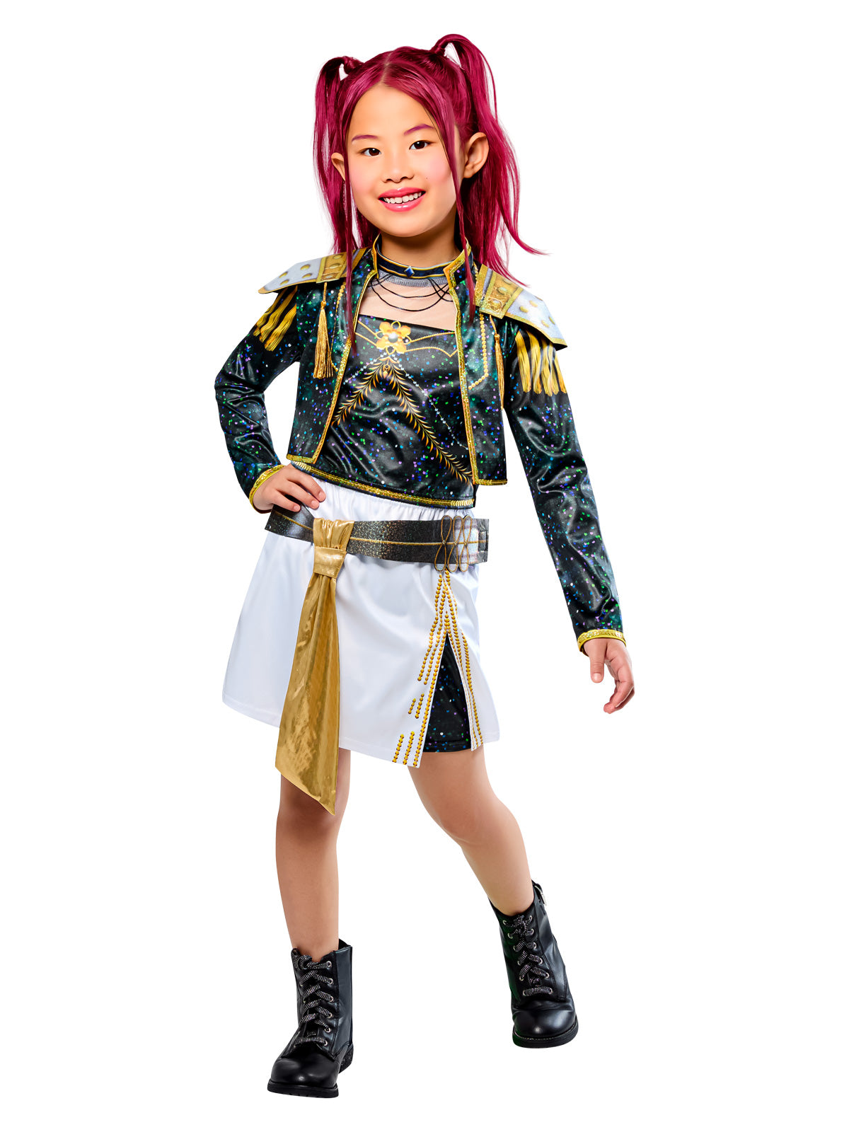 Girl with hands on hips in the Mira Golden Deluxe costume with a studded jacket and white skirt