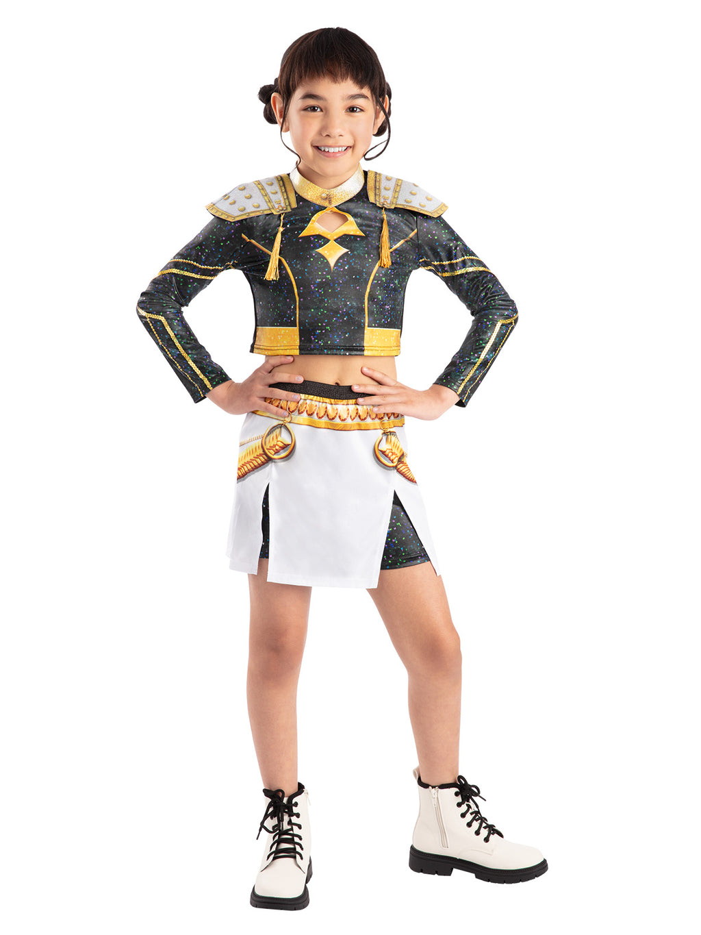 Girl with hands on hips in the Zoey Golden Deluxe costume showing the gold belt and pleated skirt
