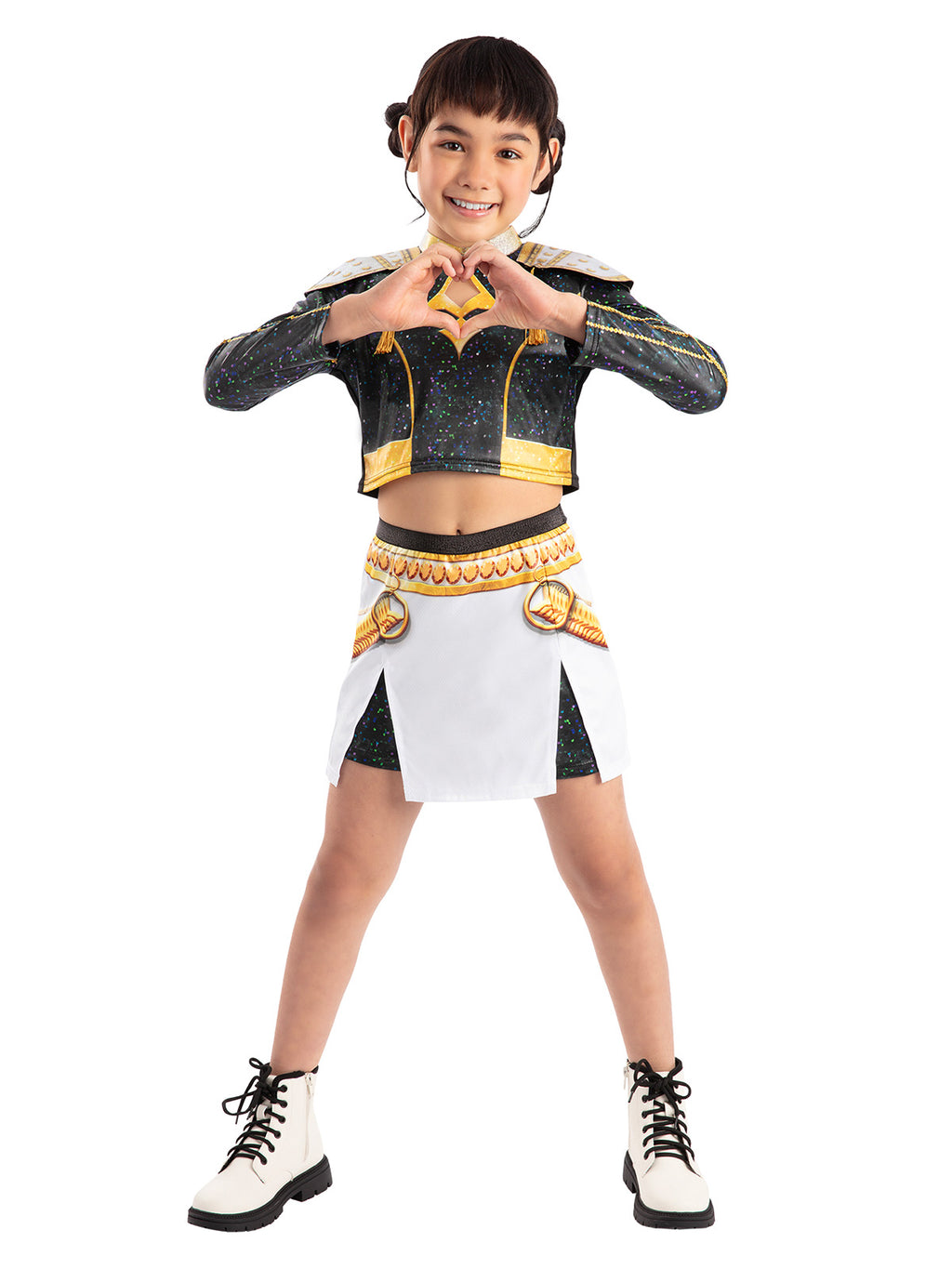 Girl posing in the Zoey Golden Deluxe costume with a black jacket, gold trim and white skirt