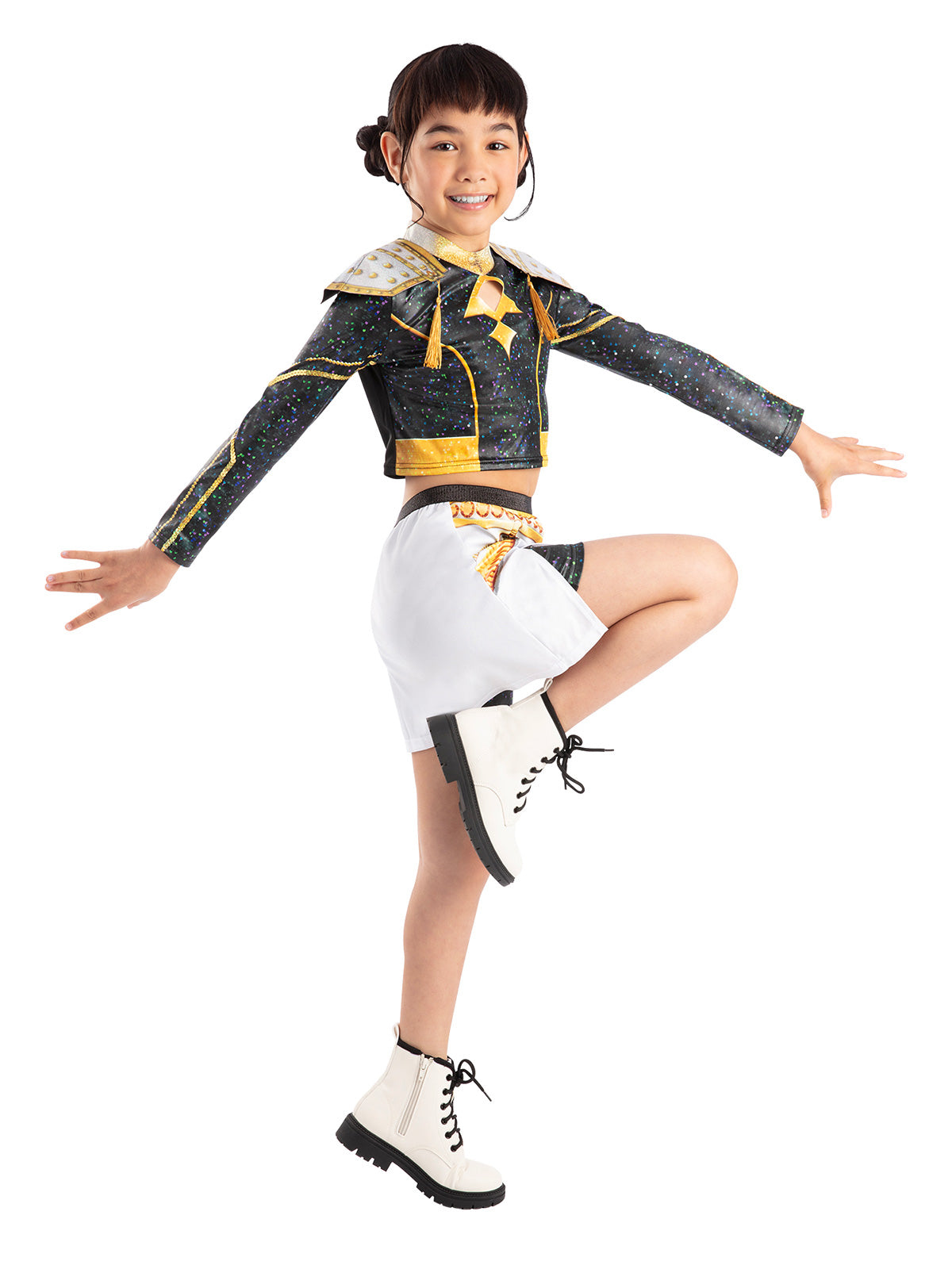 Girl mid-dance step in the Zoey Golden Deluxe costume with a black long-sleeved top and white skirt