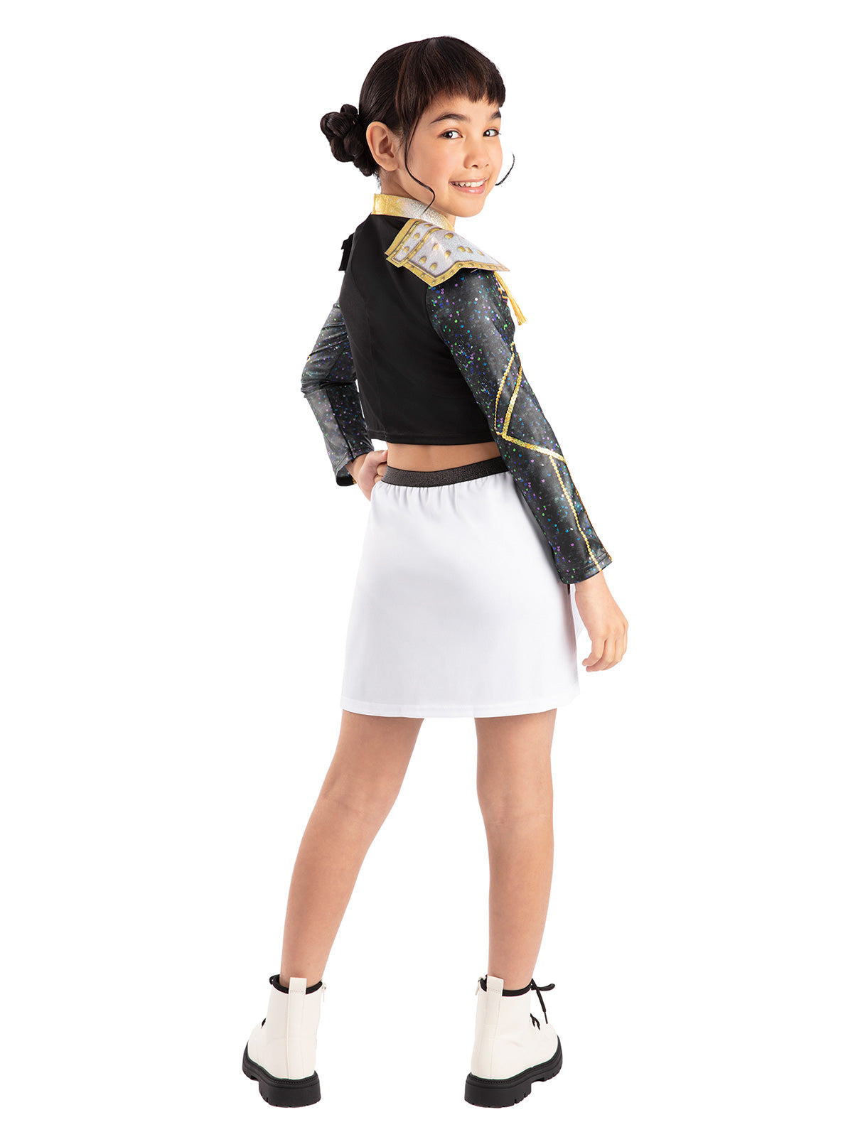 Back view of the Zoey Golden Deluxe costume with a black jacket and white skirt