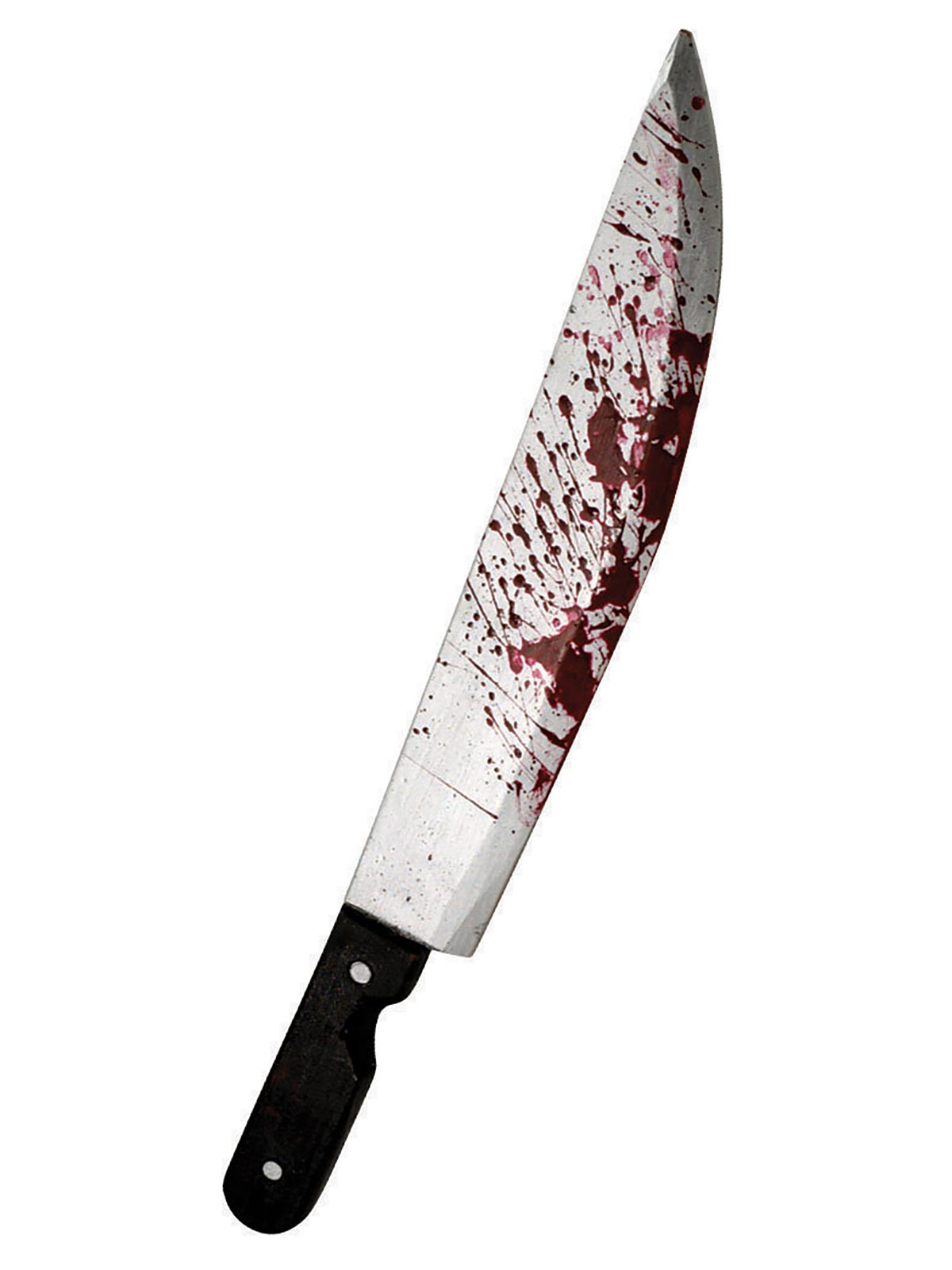 Silver toy blade with black handle and fake blood splatter