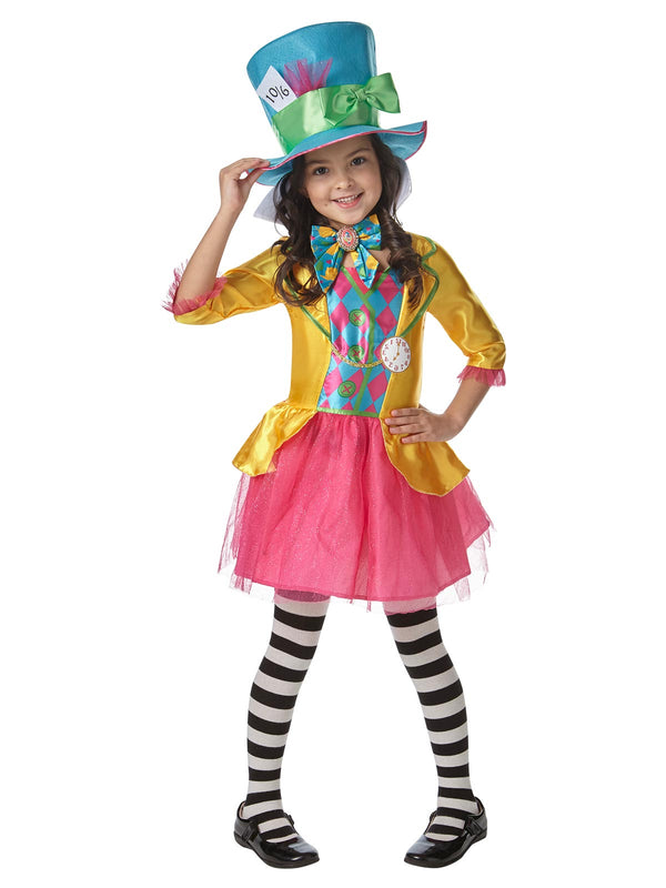 Girl in the Mad Hatter Deluxe dress, hanging pack, with a yellow mock jacket, pink glitter tulle skirt and top hat