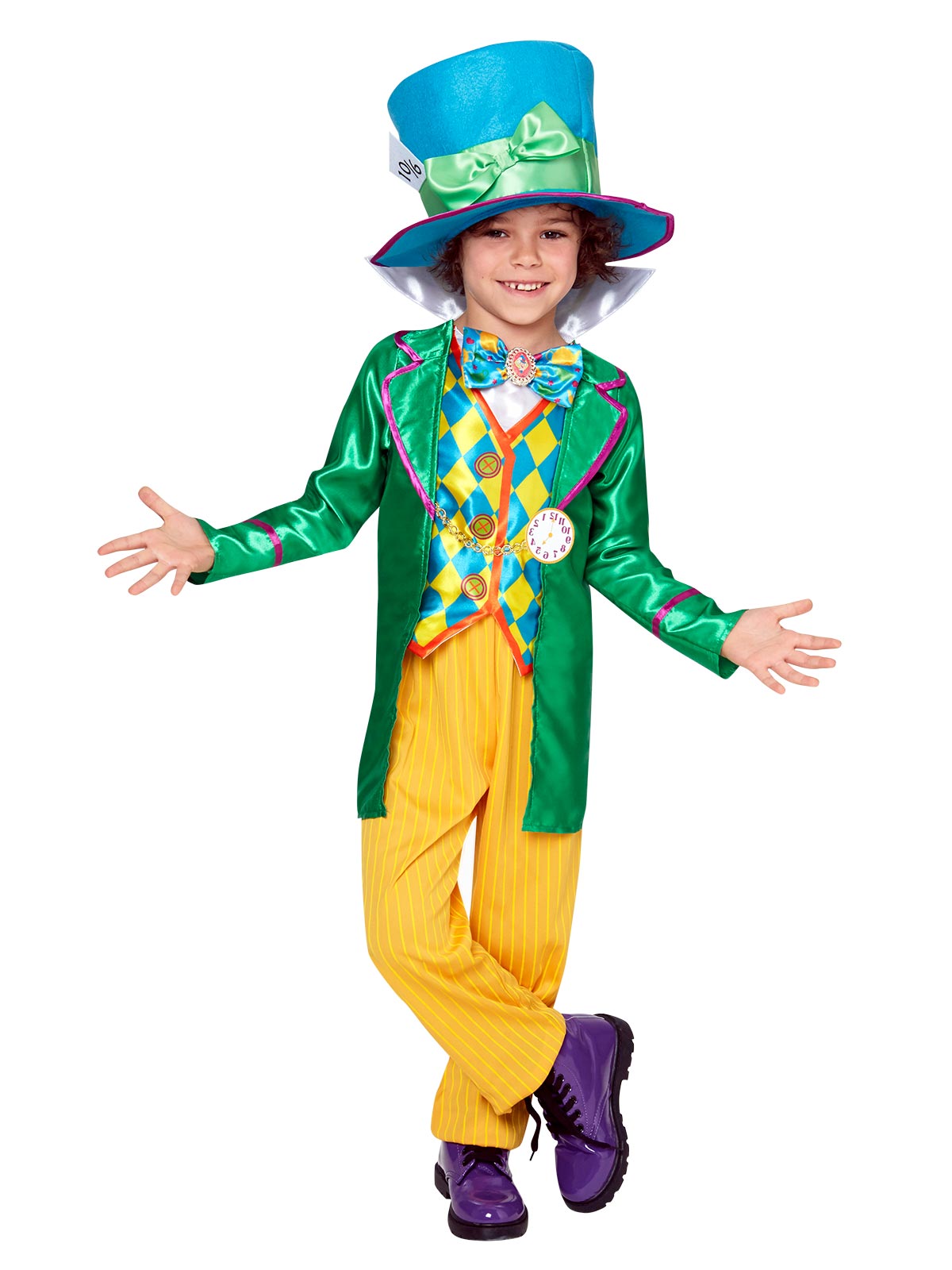 Boy in the Disney Mad Hatter Deluxe costume with a green mock jacket, yellow pinstripe trousers and blue top hat
