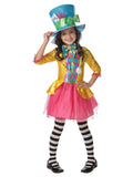 Girl in the Disney Mad Hatter Deluxe dress with a yellow satin jacket, pink tulle skirt and blue top hat