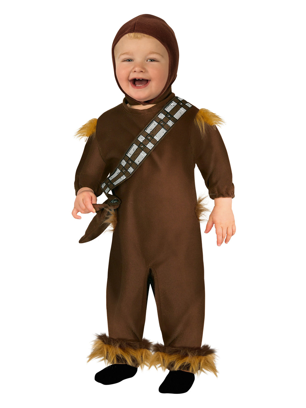 Toddler in brown Chewbacca jumpsuit with faux fur trim, printed bandolier and headpiece