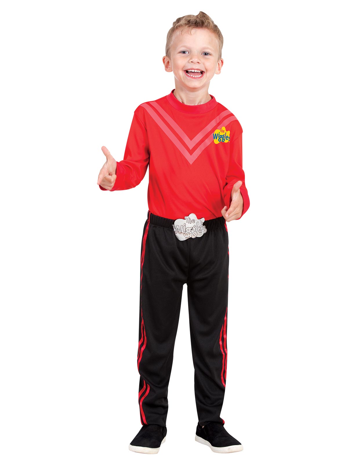 Boy wearing a red Wiggles skivvy with V stripes and logo, black pants with red stripes and mock belt buckle