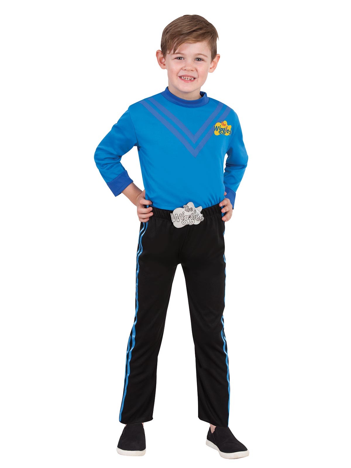 Boy wearing a blue Wiggles skivvy with V stripes and logo, black striped pants and metallic mock belt buckle