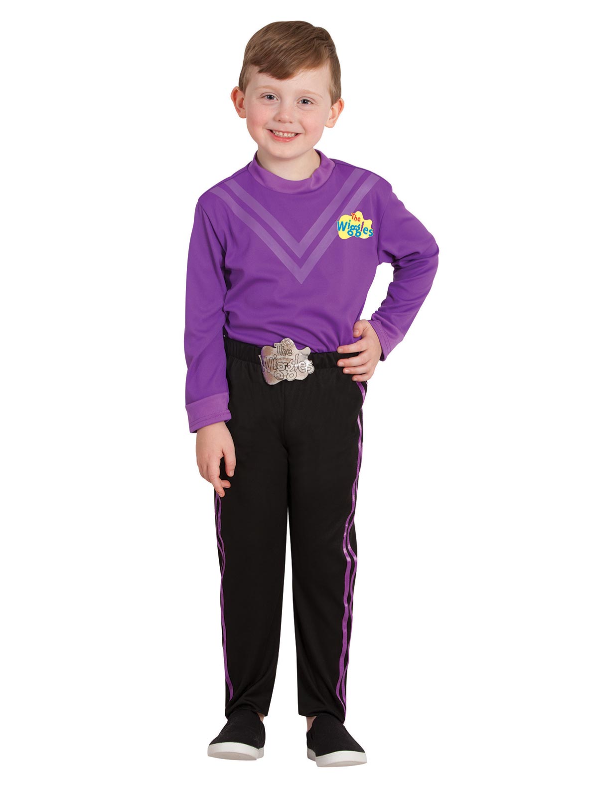 Child wearing a purple Wiggles skivvy with V stripes and logo, black striped pants and mock belt buckle