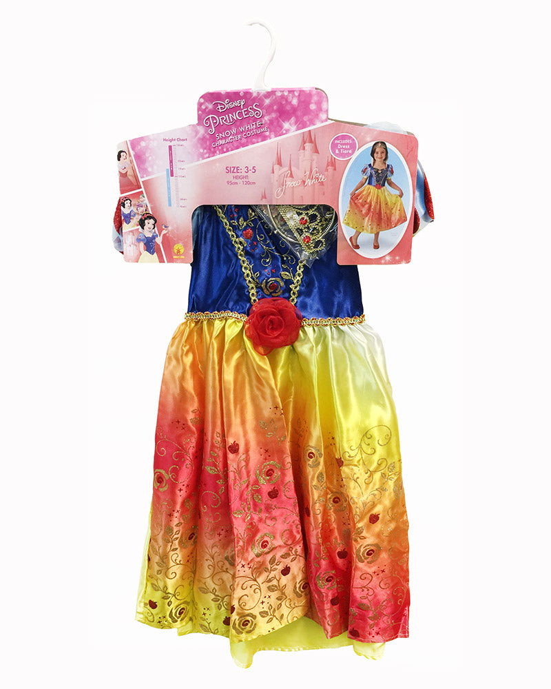 Snow White Rainbow Deluxe dress shown on its hanger with gold and red glitter-print skirt
