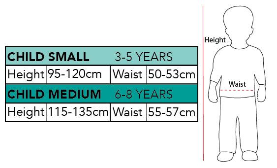 Size chart for the Snow White Rainbow Deluxe Costume, Child