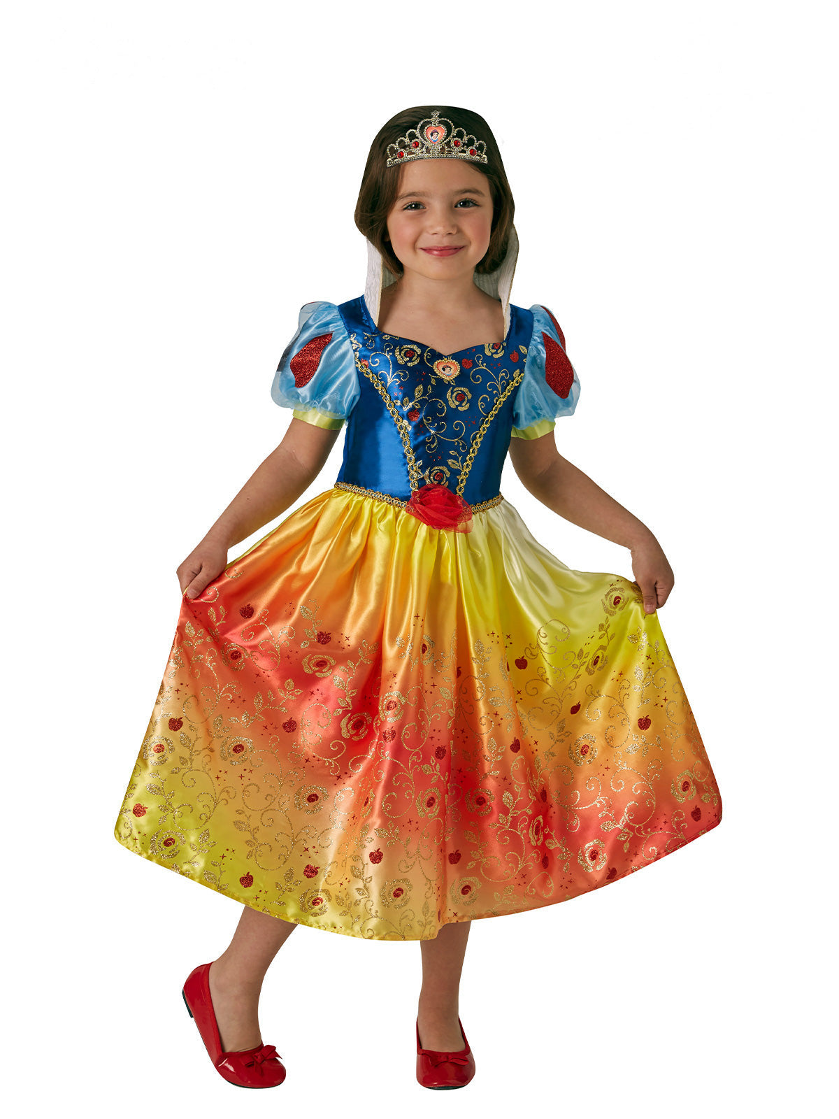 Girl posing in the Snow White Rainbow dress with organza rose at the waist and plastic tiara