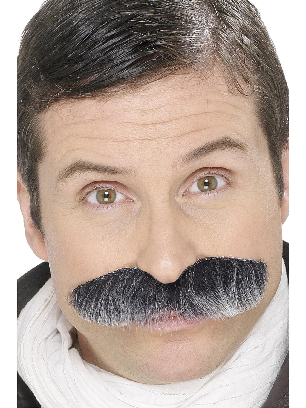 Man wearing a bushy black and grey squadron leader moustache