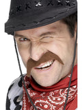 Man in a cowboy hat wearing a brown horseshoe cowboy moustache