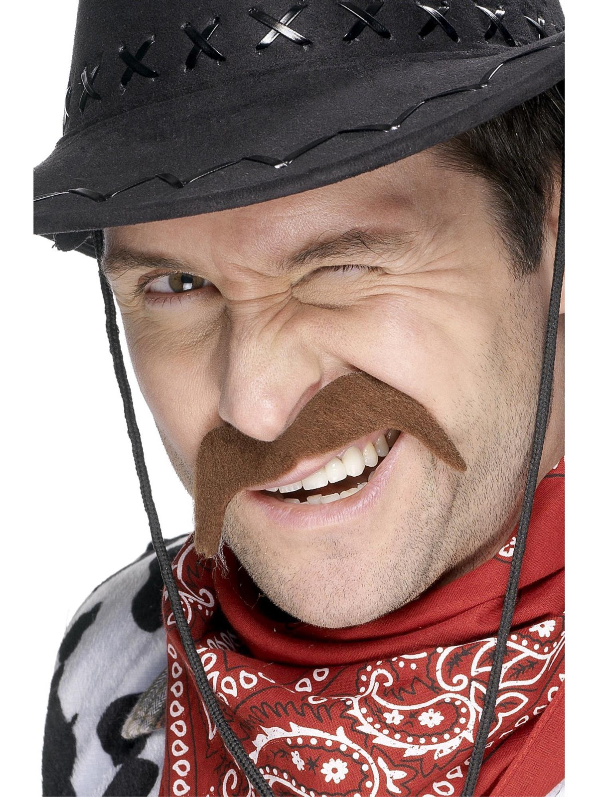 Man in a cowboy hat wearing a brown horseshoe cowboy moustache