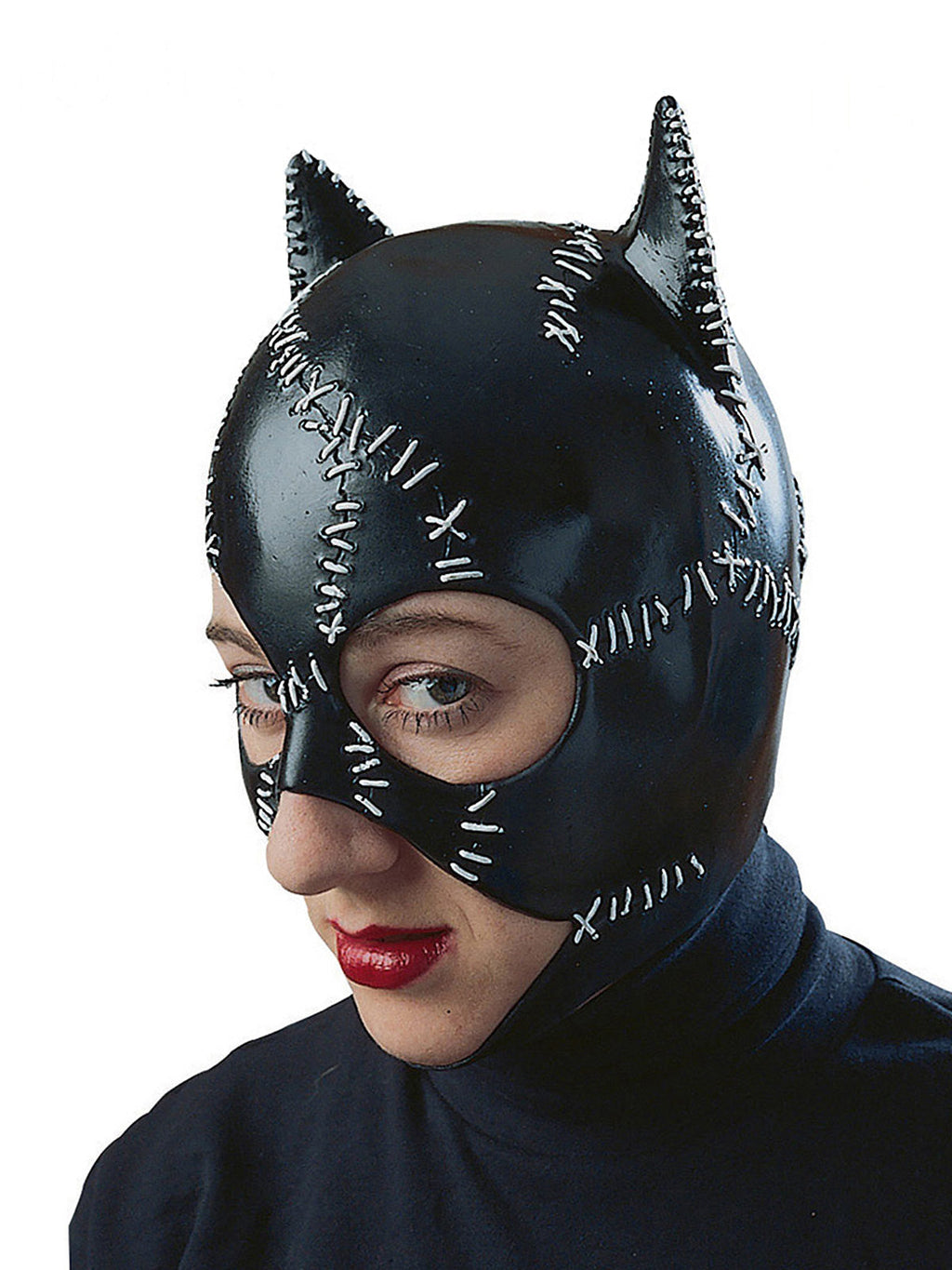 Woman wearing the black latex Catwoman full-head mask with white stitching and cat ears