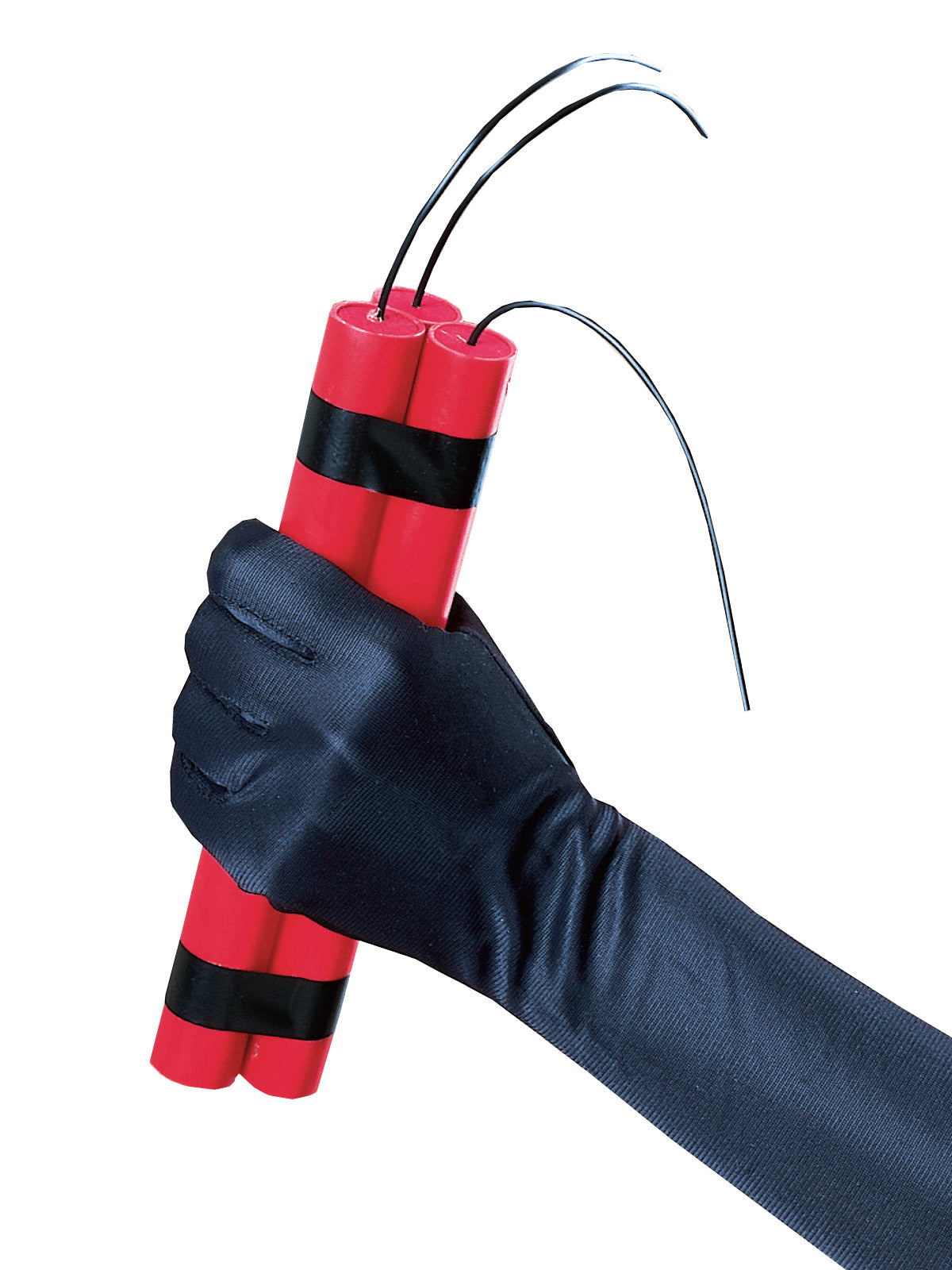 Gloved hand holding a cluster of three red and black fake dynamite sticks