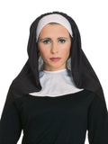 Woman wearing a black and white nun habit headpiece and white collar