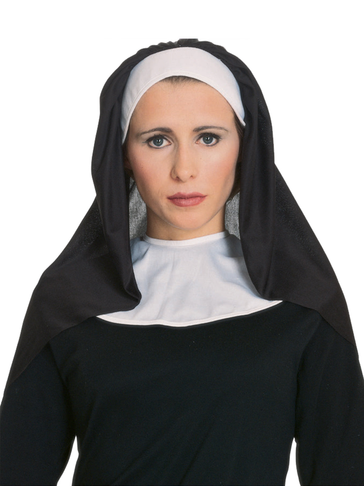 Woman wearing a black and white nun habit headpiece and white collar