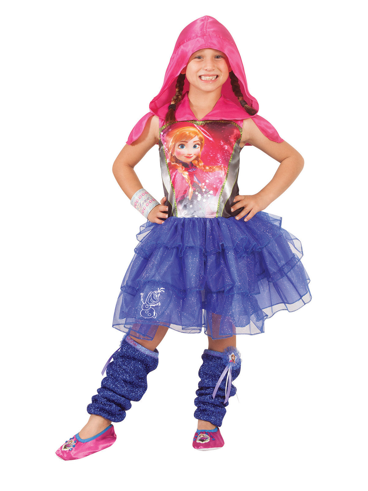 Girl in Anna hooded dress with pink satin hood, printed Anna bodice and purple glitter tulle skirt