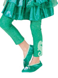Girl's legs in green glitter footless Ariel tights with a sea horse design at the ankle