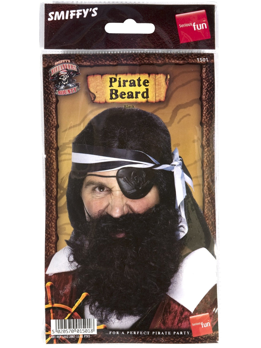 Black pirate beard in its retail packaging
