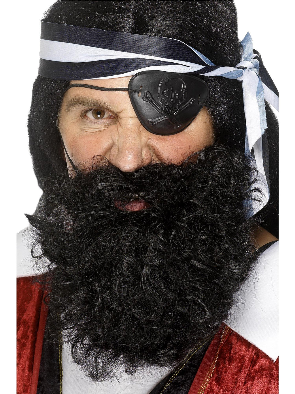 Curly black pirate beard worn by a man in pirate costume