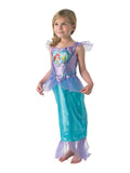 Girl in Ariel Loveheart dress with purple glitter bodice, heart Ariel motif and teal pencil skirt